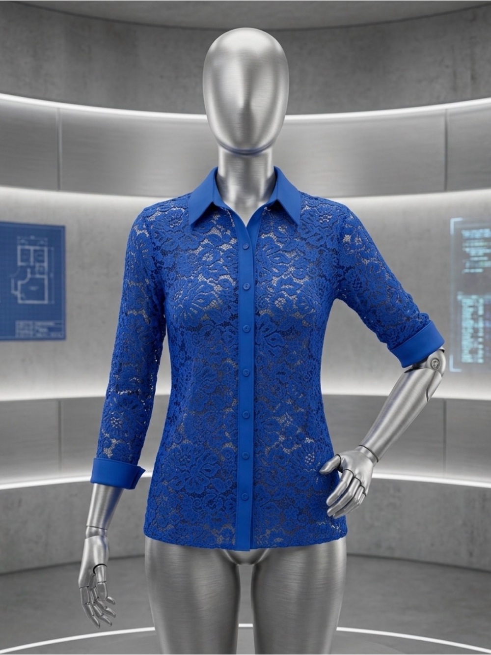 Anne Fontaine "Nahia" Stretch Lace Shirt in Riviera Blue Sz 40